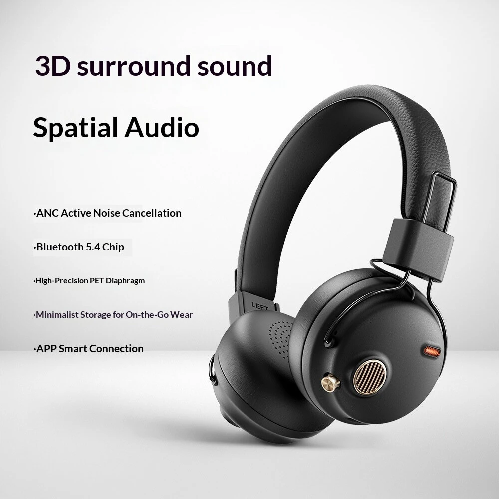 Fanji Wireless Headset bluetooth Headphones ANC Active Noise Cancelling 40mm Speaker 3D Spatial Audio 100H Playtime 800Amh Battery Support Wired Connection Sports Headphones — view 3
