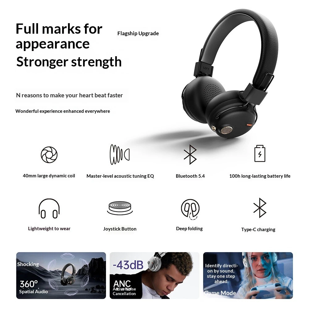 Fanji Wireless Headset bluetooth Headphones ANC Active Noise Cancelling 40mm Speaker 3D Spatial Audio 100H Playtime 800Amh Battery Support Wired Connection Sports Headphones — view 4