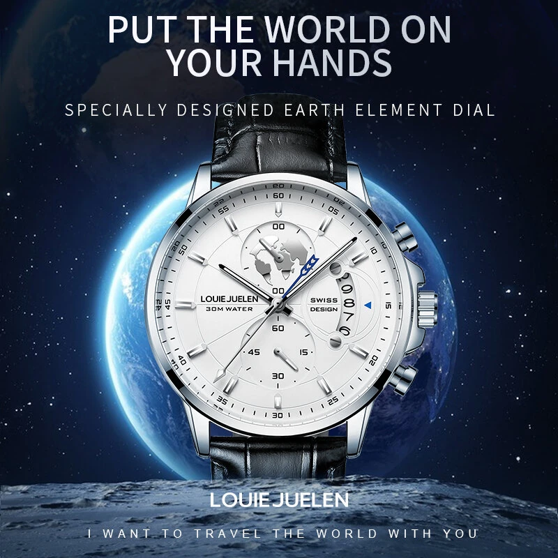 Fashion Business Casual Men Quartz Watch Chronograph Leather Band Luminous Waterproof Date Calendar Men's Wristwatches — view 4