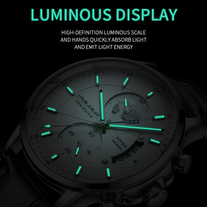 Fashion Business Casual Men Quartz Watch Chronograph Leather Band Luminous Waterproof Date Calendar Men's Wristwatches — view 5