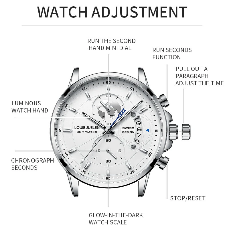 Fashion Business Casual Men Quartz Watch Chronograph Leather Band Luminous Waterproof Date Calendar Men's Wristwatches — view 6