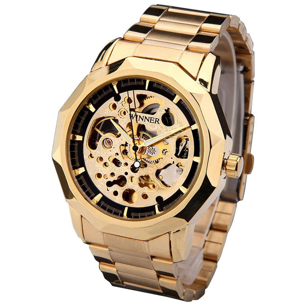 Fashion Fully Auto Mechanical Skeleton Men Watch Retro Exquisite Dial Gold Steel Band Wristwatch — image 1
