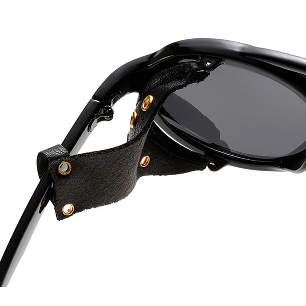 Fashion Punk Retro Polarized Round Sunglasses with Leather Strap Accents UV400 Protection Eyewear Glasses for Outdoor Travel Driving — view 3