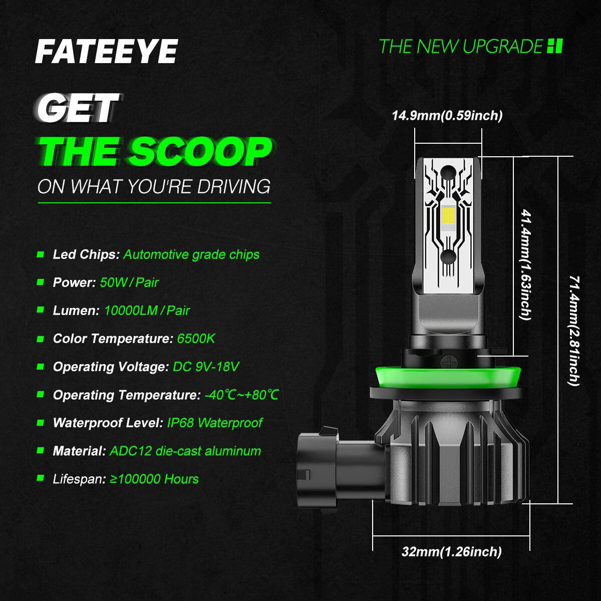 FATEEYE A700-F1 DC 9V-18V Car LED Headlight Bulbs 10000LM/ Pair for Car Modification 6500K Front LED Headlamp High Low Beam — view 10