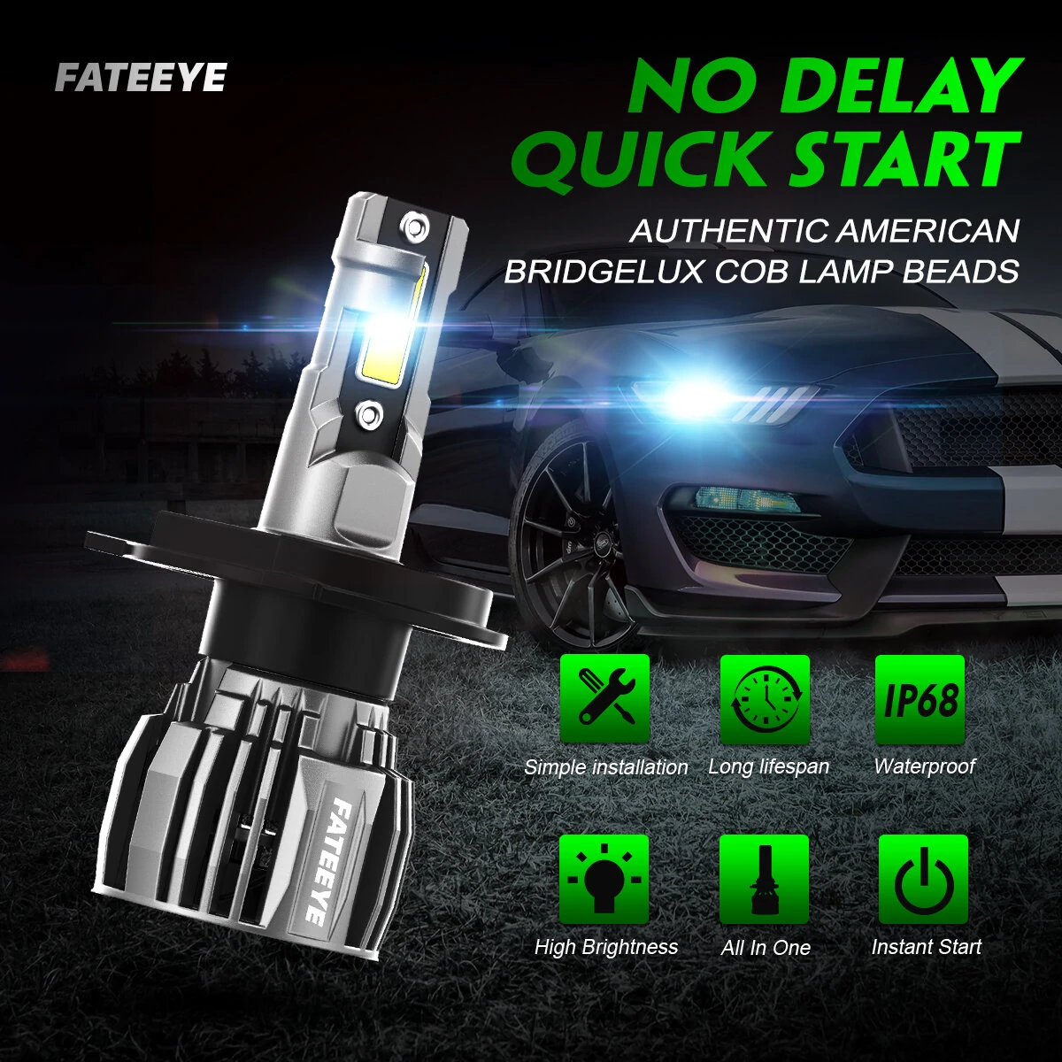 FATEEYE A700-F6 2PCS 60W LED Car Headlight Bulbs 13000LM LED Front Headlamp 6500K IP68 Waterproof for Car Modification — view 3