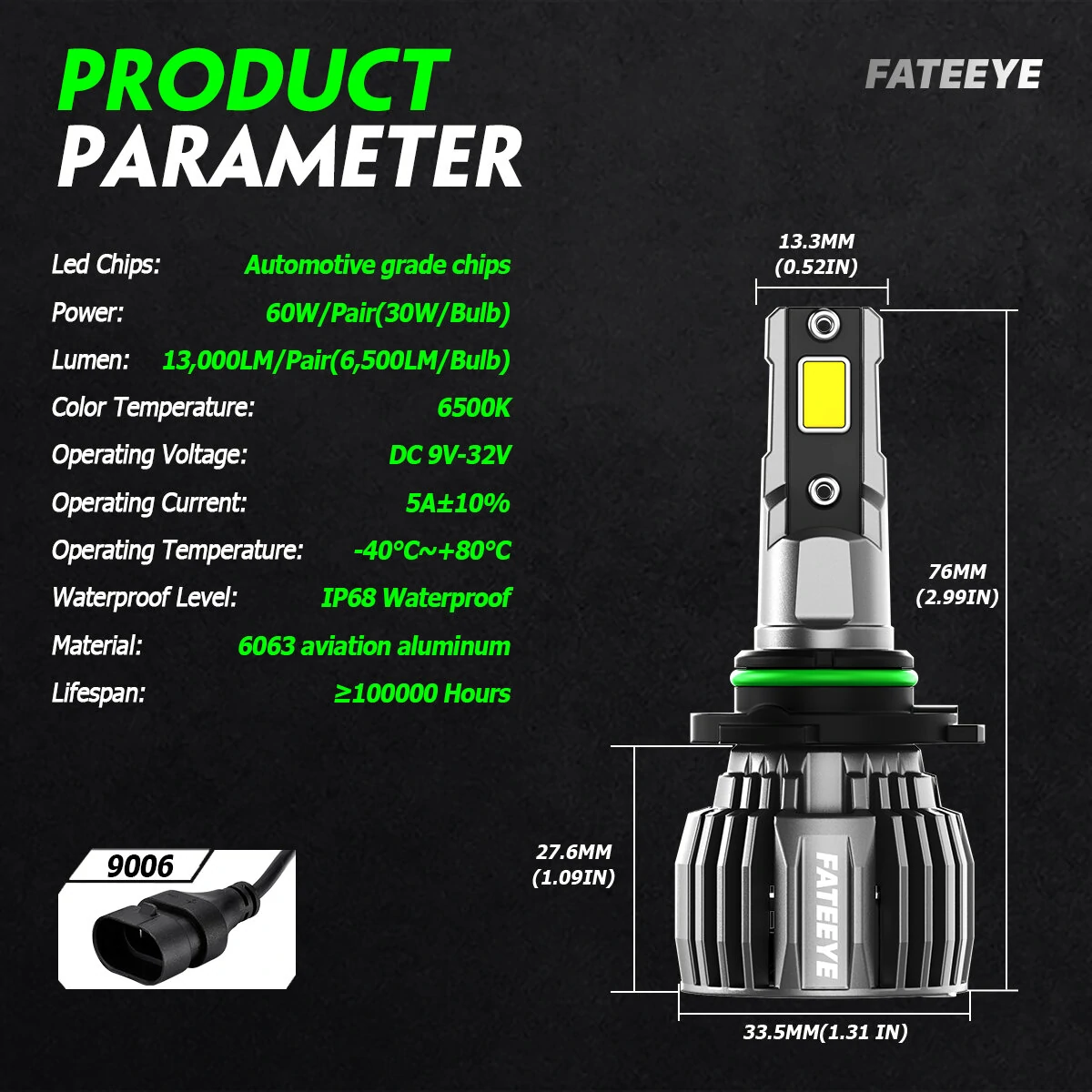 FATEEYE A700-F6 2PCS 60W LED Car Headlight Bulbs 13000LM LED Front Headlamp 6500K IP68 Waterproof for Car Modification — view 7