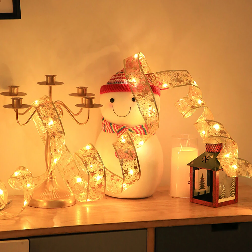 Festive Home Decor Ornament Christmas Tree Decoration Ribbon LED String Lights Christmas Tree Decoration Ribbon Led Light String Lights With Holiday Gift Box Bow Satin Copper Wire Lights — Festive