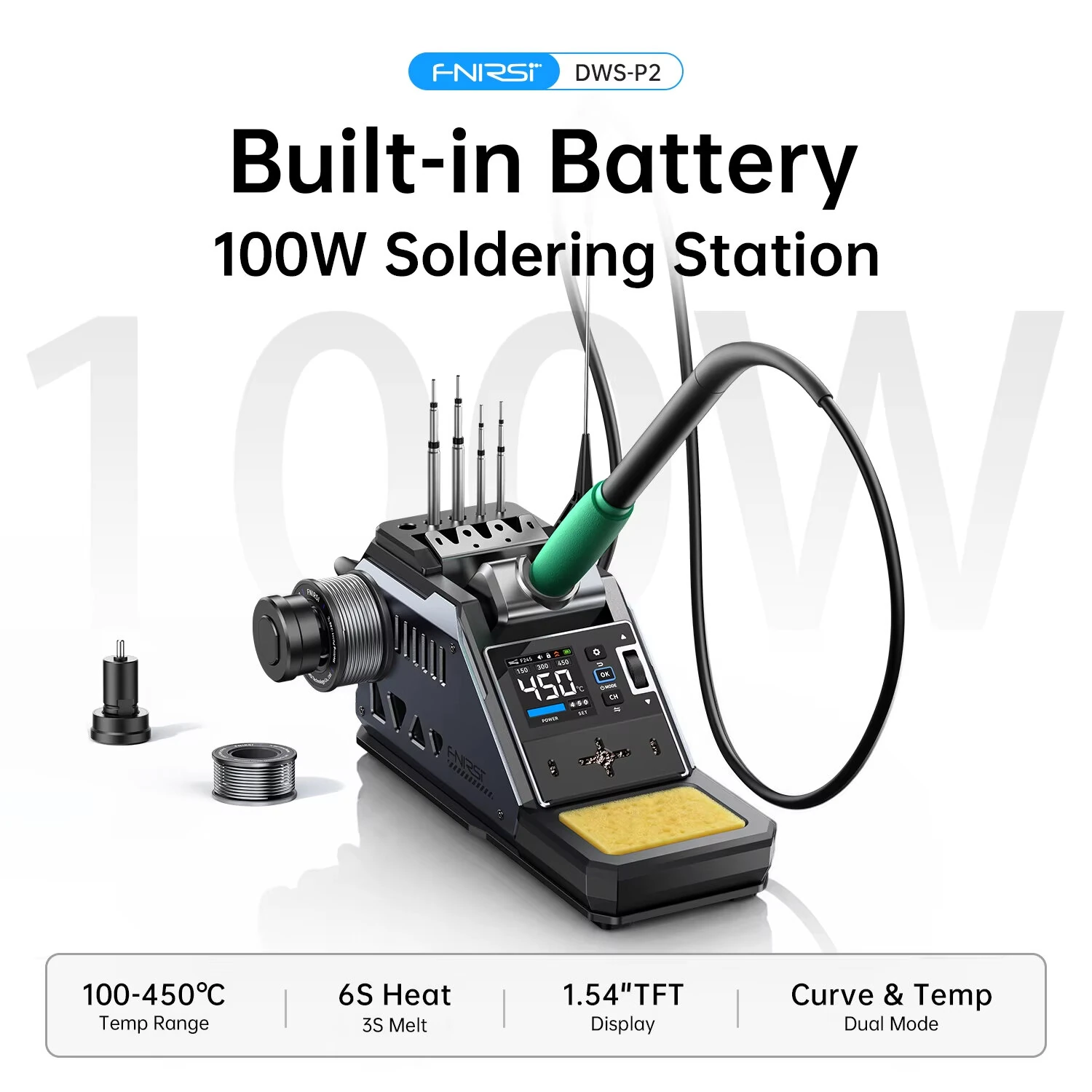 FNIRSI DWS-P2 Soldering Station Kit 100W USB C Digital Welding Station 1.54 Inch TFT Screen F245 F210 Tips PD Charger Included — view 2
