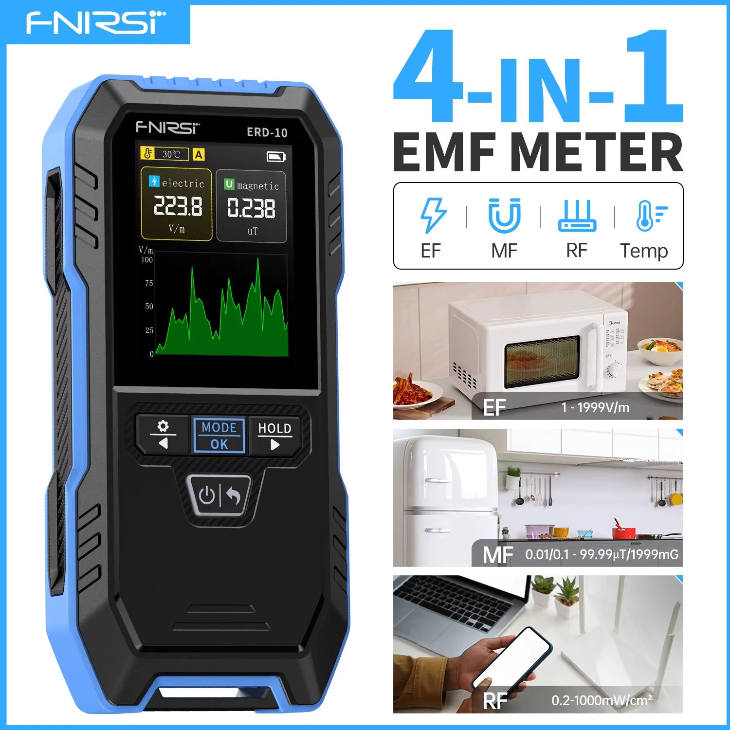 FNIRSI ERD-10 Electromagnetic Radiation Tester Electric Magnetic RF Radiation Meter High Accuracy Portable EMF Meter Color Screen Temperature Monitoring — view 2