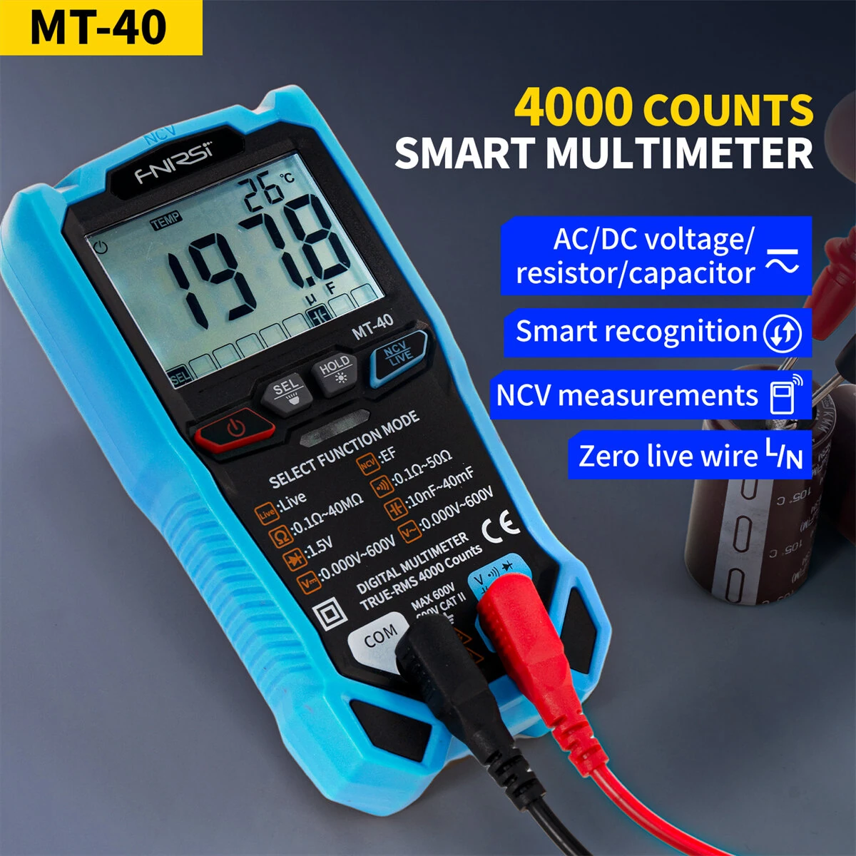 FNIRSI MT-40 Smart Digital Multimeter True RMS Auto Range 600V High Precision with Backlit LCD Diode Testing Overload Protection — view 3