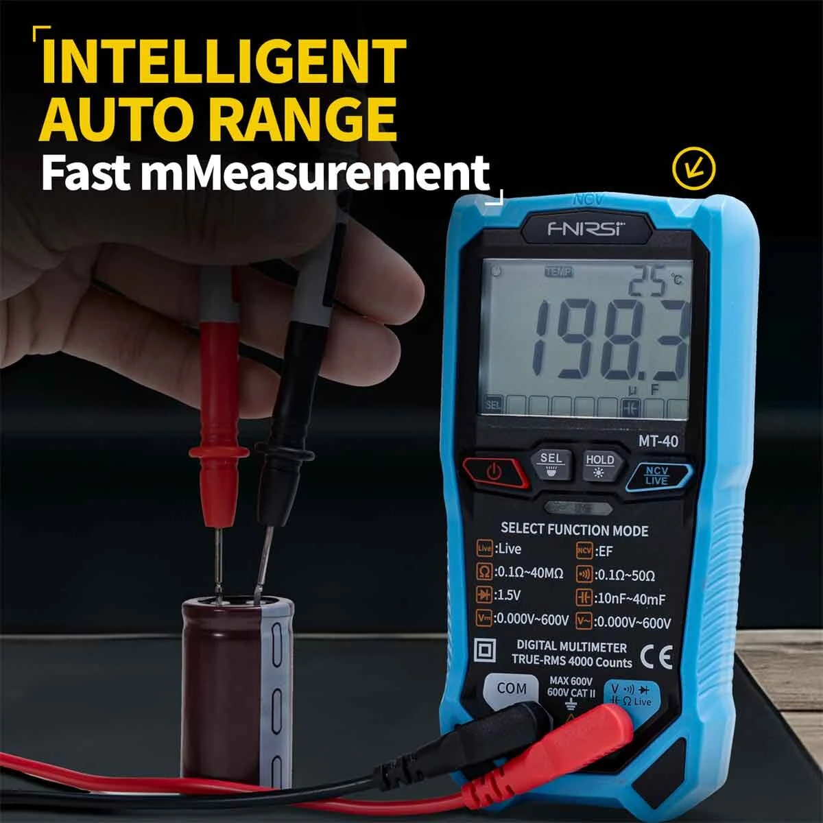 FNIRSI MT-40 Smart Digital Multimeter True RMS Auto Range 600V High Precision with Backlit LCD Diode Testing Overload Protection — view 4