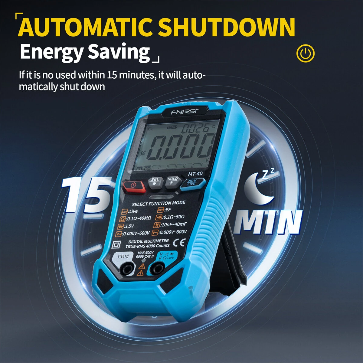FNIRSI MT-40 Smart Digital Multimeter True RMS Auto Range 600V High Precision with Backlit LCD Diode Testing Overload Protection — view 6