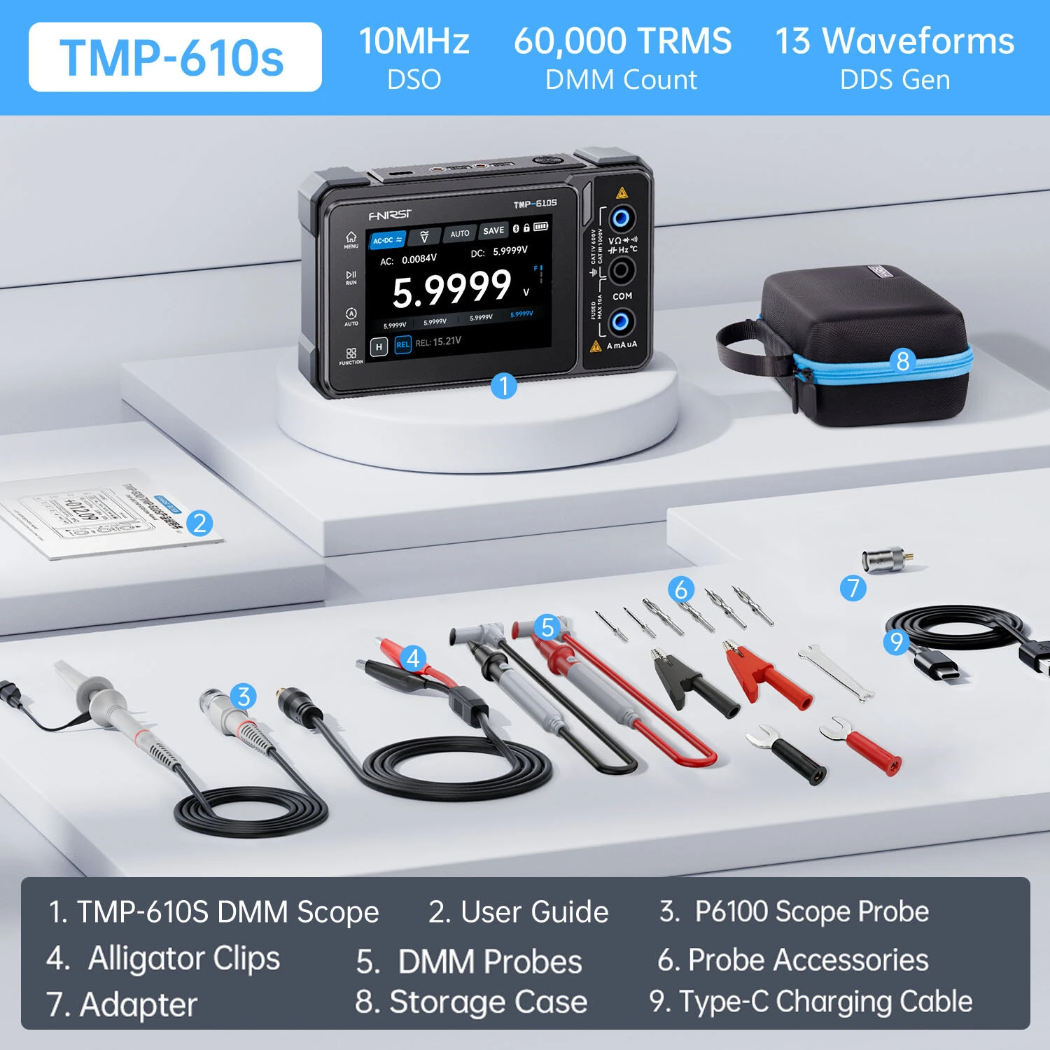 FNIRSI TMP-610 TMP-610S Handheld Digital Multimeter Oscilloscope 3-in-1 with Signal Generator Bluetooth App Control 10MHZ 48MSa/s 60000 Counts Electrical Tester DMM Scope Meter — view 10