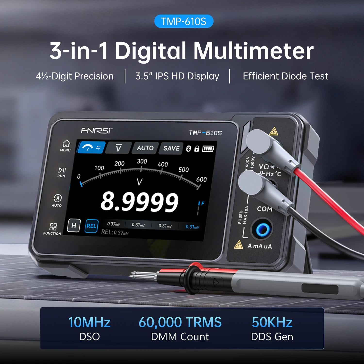 FNIRSI TMP-610 TMP-610S Handheld Digital Multimeter Oscilloscope 3-in-1 with Signal Generator Bluetooth App Control 10MHZ 48MSa/s 60000 Counts Electrical Tester DMM Scope Meter — view 3