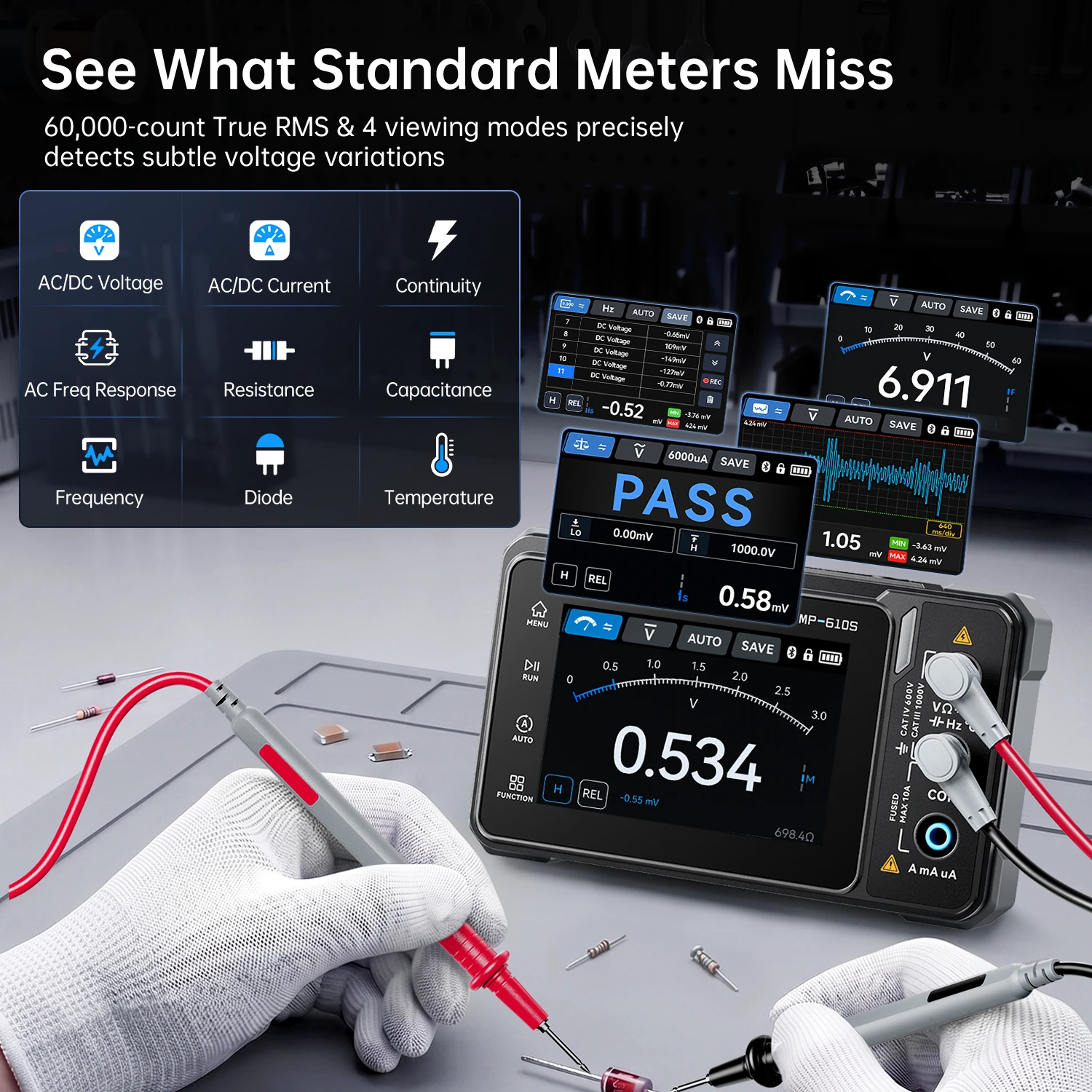 FNIRSI TMP-610 TMP-610S Handheld Digital Multimeter Oscilloscope 3-in-1 with Signal Generator Bluetooth App Control 10MHZ 48MSa/s 60000 Counts Electrical Tester DMM Scope Meter — view 4