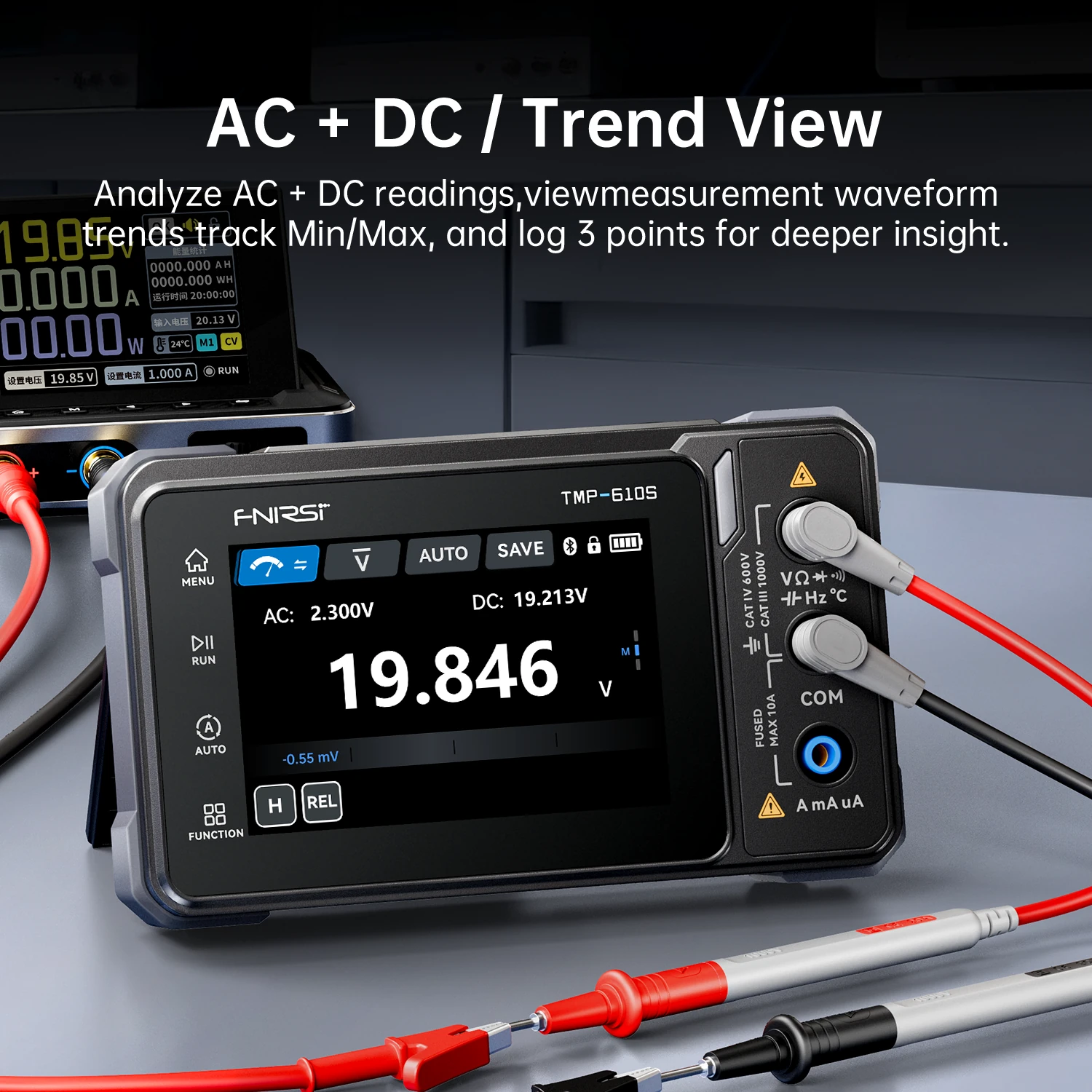 FNIRSI TMP-610 TMP-610S Handheld Digital Multimeter Oscilloscope 3-in-1 with Signal Generator Bluetooth App Control 10MHZ 48MSa/s 60000 Counts Electrical Tester DMM Scope Meter — view 7