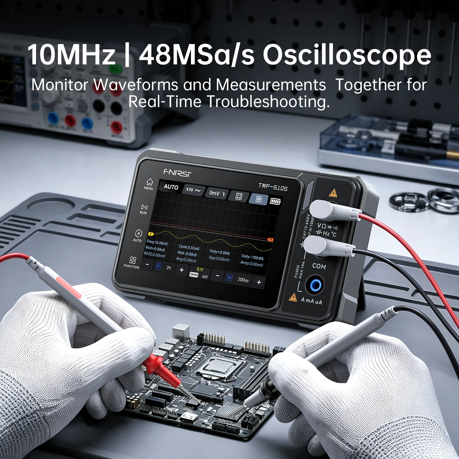 FNIRSI TMP-610 TMP-610S Handheld Digital Multimeter Oscilloscope 3-in-1 with Signal Generator Bluetooth App Control 10MHZ 48MSa/s 60000 Counts Electrical Tester DMM Scope Meter — view 8