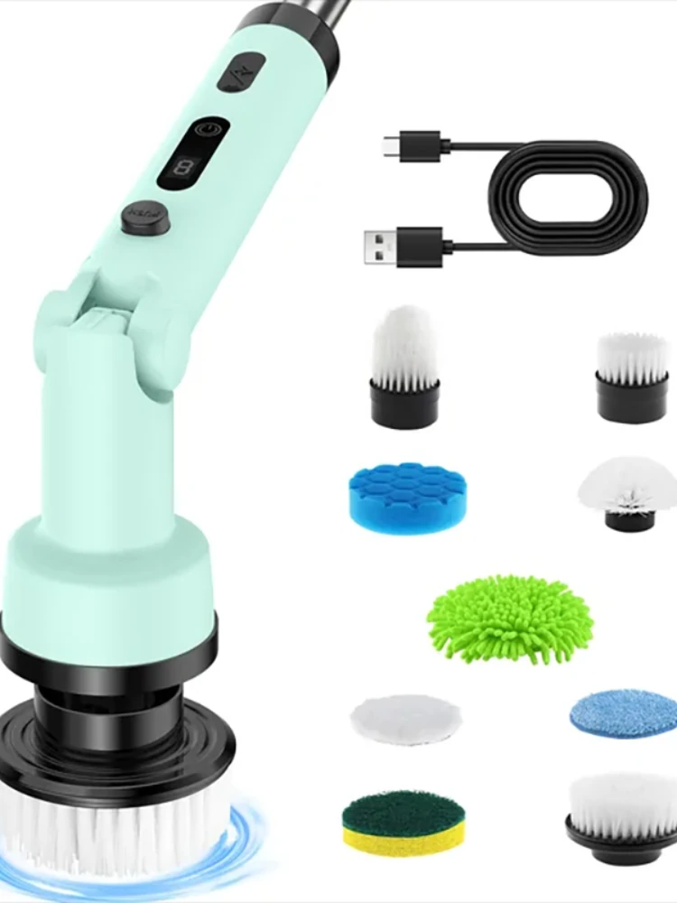 Foldable Rotating Cordless Long Handle Electric Cleaning Brush with 9 Heads Long Handle Electric Cleaning Brush Household Handheld Multifunctional Foldable Rotating No Dead Angle Cleaning Kitchen Bathroom — view 2