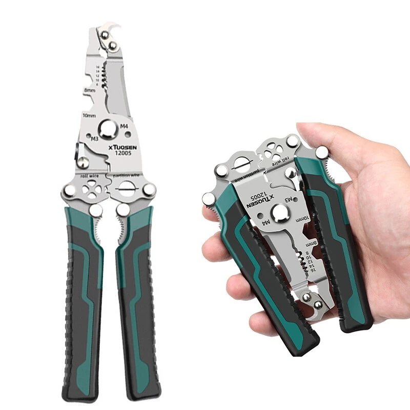 Foldable Wire Stripper Plier Needle Nose Carbon Steel Blade 223mm Ergonomic Handle Black and Green Multipurpose Electrician Tool
