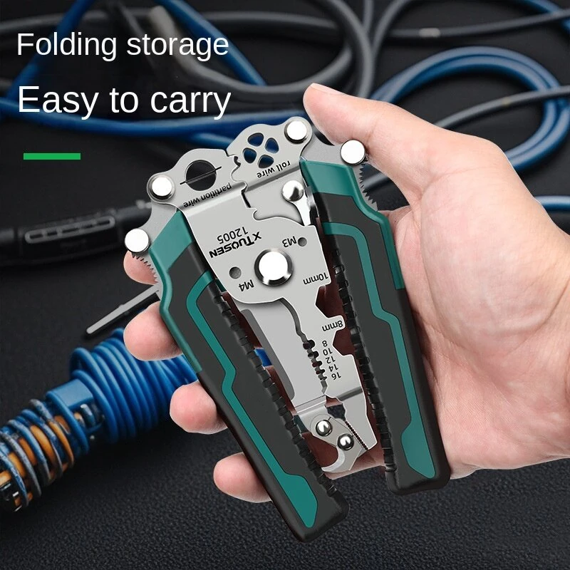 Foldable Wire Stripper Plier Needle Nose Carbon Steel Blade 223mm Ergonomic Handle Black and Green Multipurpose Electrician Tool — view 7