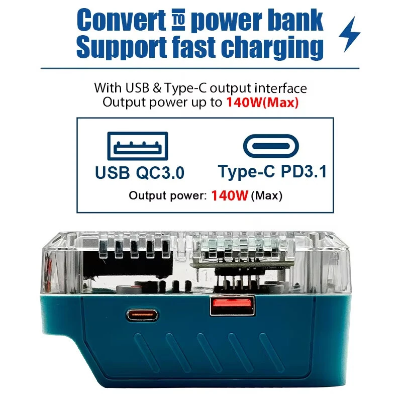 For Makita 18V Li-Ion Battery Adapter Converter USB-C PD3.1 140W Power Supply Charger QC3.0 Digital Display Type-C Input/Output For BL1815 BL1830 BL1860 — view 3