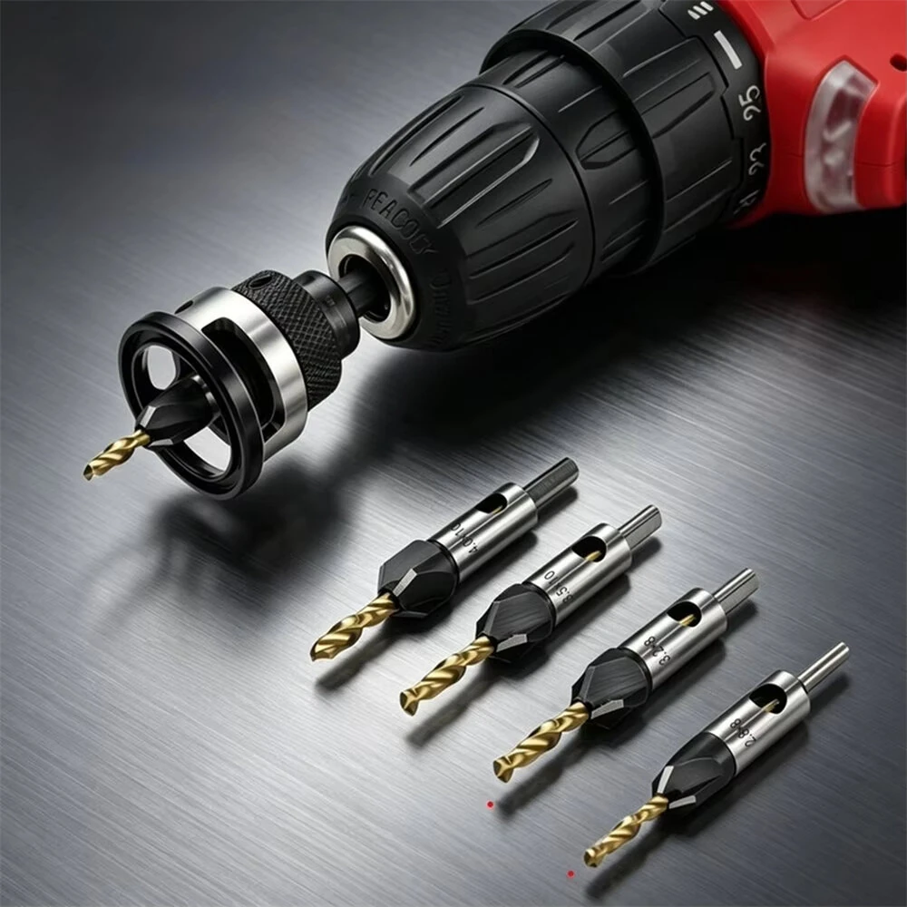 Four-Blade Countersink Drill Bit Set with Depth Stop L-Shape Wrench Titanium Alloy Bit 2.8mm-4.0mm Spiral Flute Design for Efficient Chip Removal — view 6