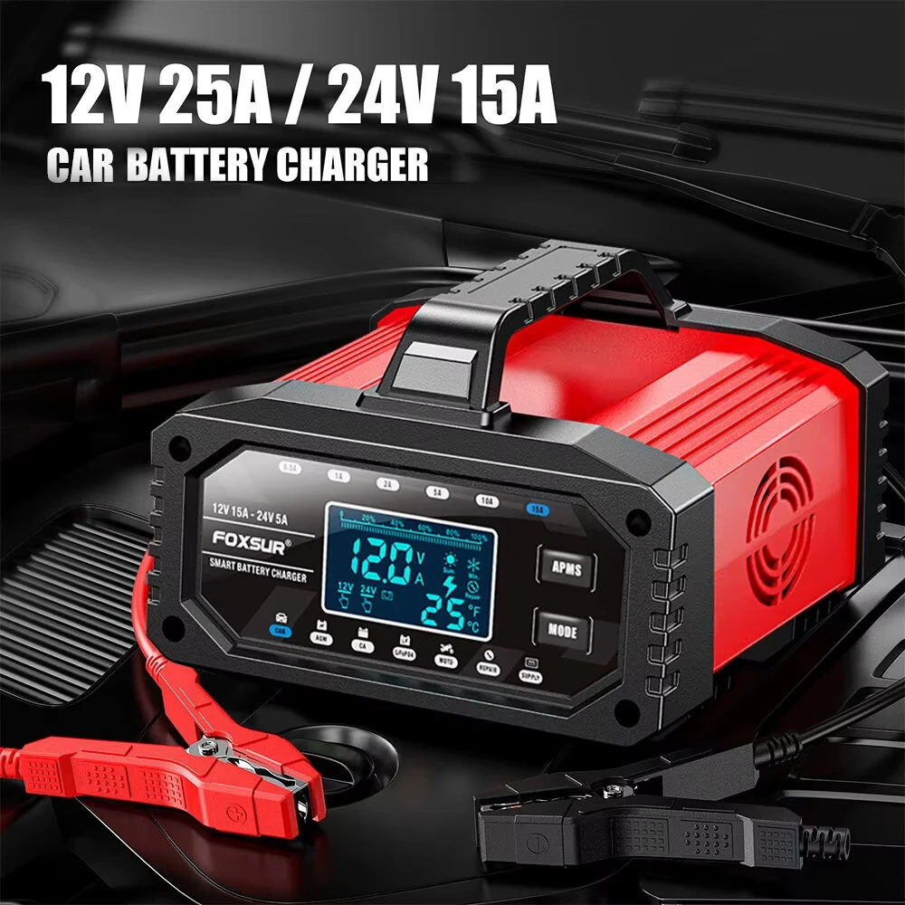 FOXSUR 12V 15A / 24V 5A 300W Battery Charger Lead-Acid AGM GEL LiFePO4 Tester Smart Pulse Repair Tools for Car Motorcycle Boat — view 2