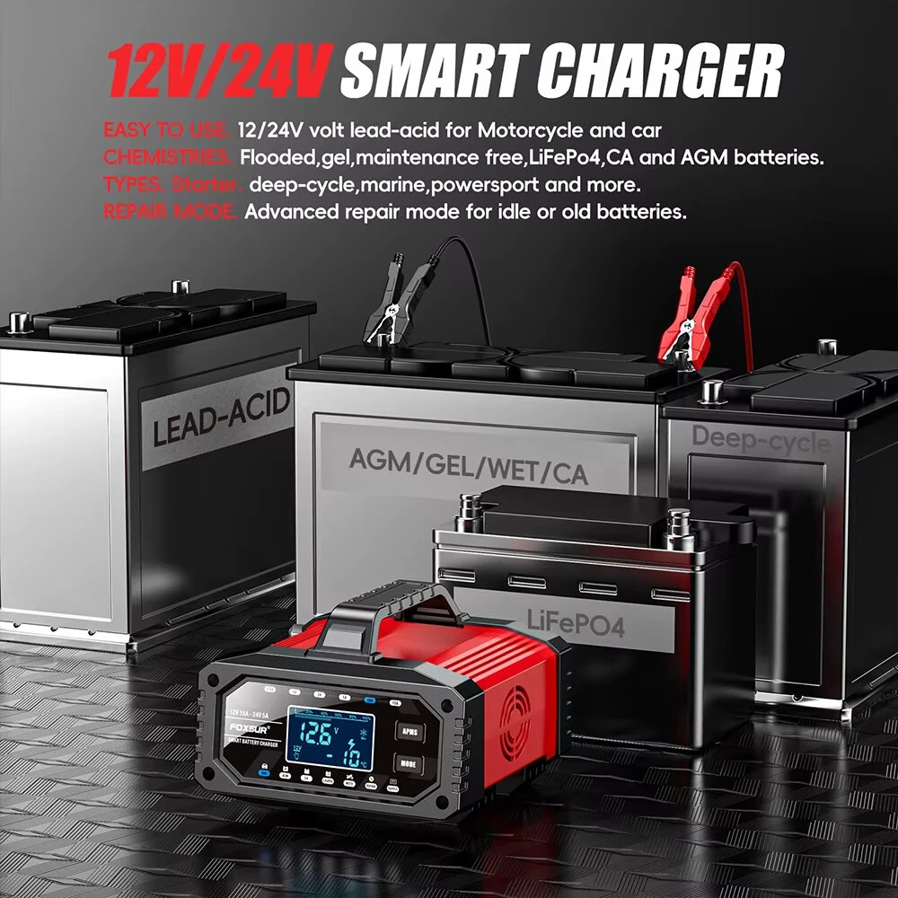 FOXSUR 12V 15A / 24V 5A 300W Battery Charger Lead-Acid AGM GEL LiFePO4 Tester Smart Pulse Repair Tools for Car Motorcycle Boat — view 3
