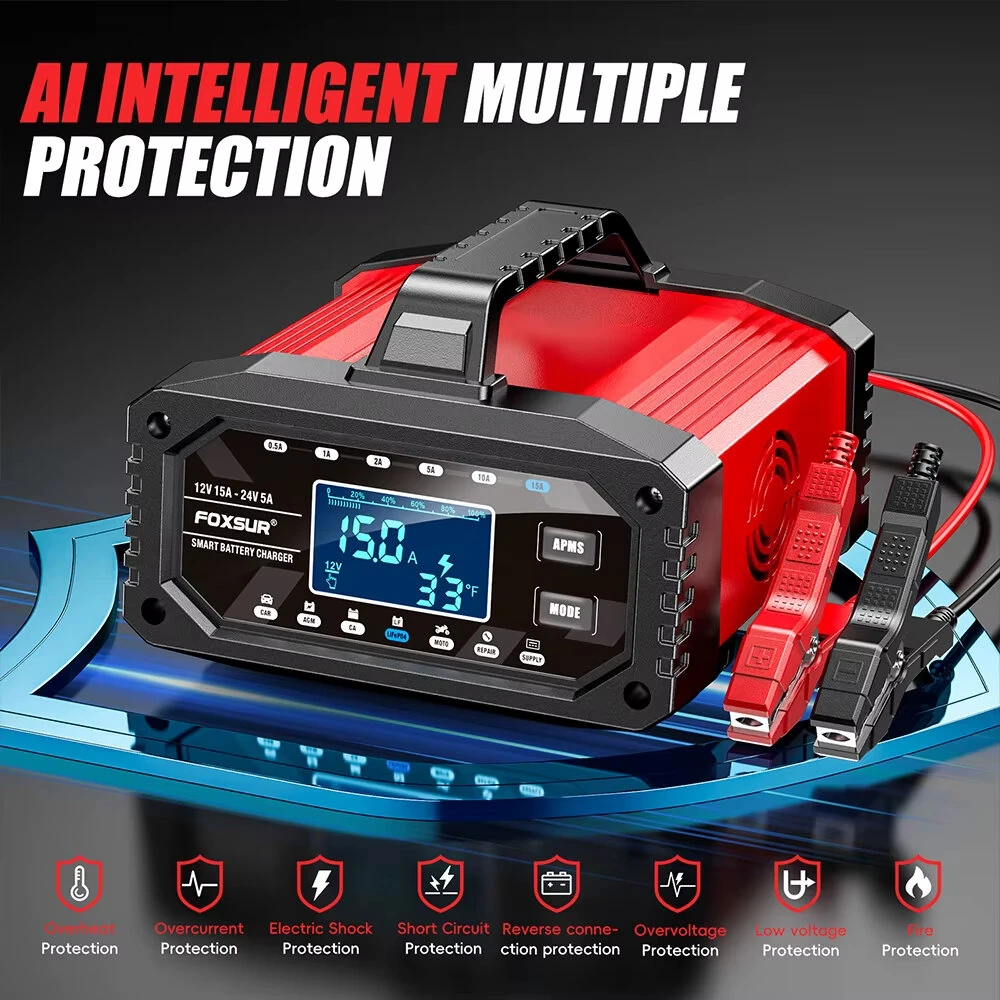 FOXSUR 12V 15A / 24V 5A 300W Battery Charger Lead-Acid AGM GEL LiFePO4 Tester Smart Pulse Repair Tools for Car Motorcycle Boat — view 4