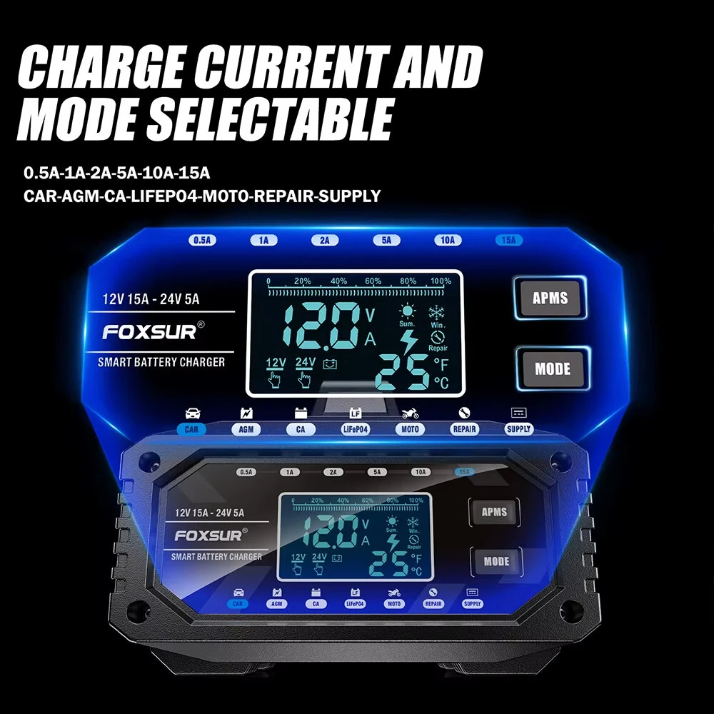FOXSUR 12V 15A / 24V 5A 300W Battery Charger Lead-Acid AGM GEL LiFePO4 Tester Smart Pulse Repair Tools for Car Motorcycle Boat — view 5