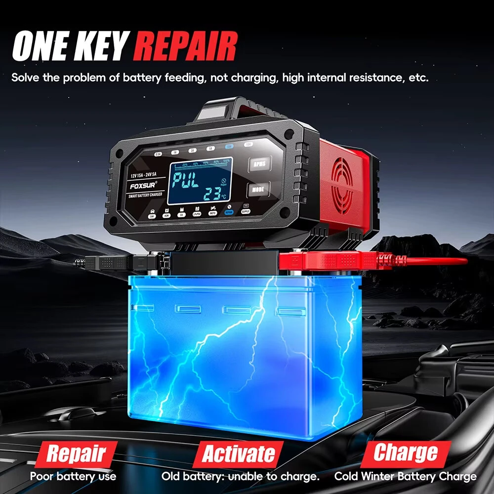 FOXSUR 12V 15A / 24V 5A 300W Battery Charger Lead-Acid AGM GEL LiFePO4 Tester Smart Pulse Repair Tools for Car Motorcycle Boat — view 6