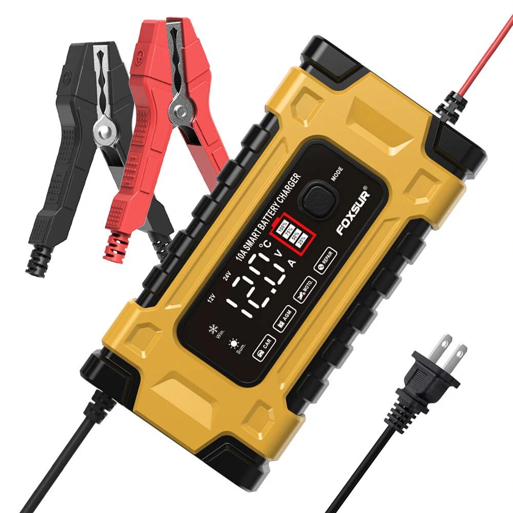 FOXSUR 12V 24V 10A Battery Charger with Intelligent Repair Screen Display for Cars and Motorcycles — FOXSUR