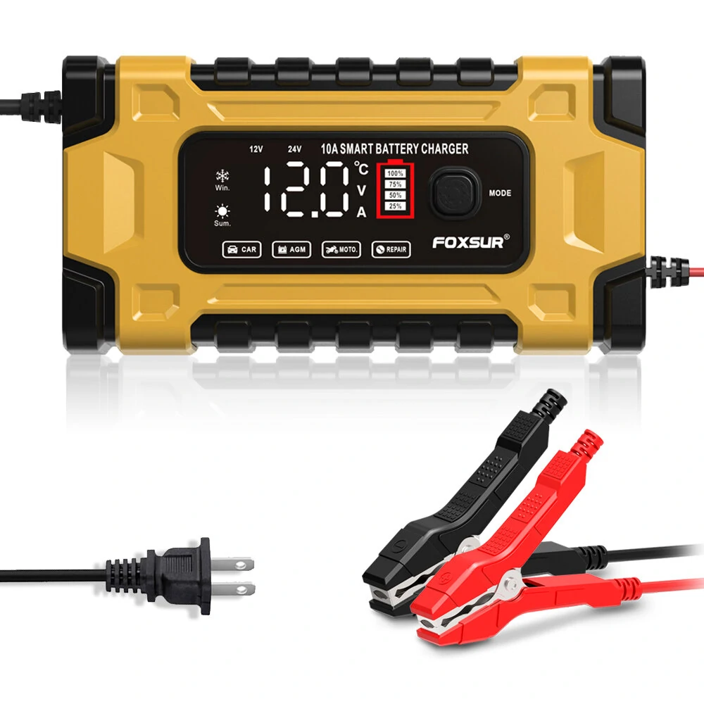 FOXSUR 12V 24V 10A Battery Charger with Intelligent Repair Screen Display for Cars and Motorcycles — view 7