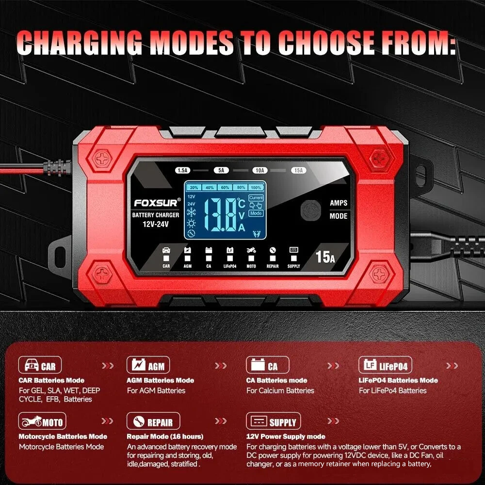 FOXSUR Battery Charger 12V 24V 15A Smart Car Motorcycle Battery Charger For Lead Acid LiFePO4 AGM GEL EFB Wet Deep-Cycle Batteries — view 3