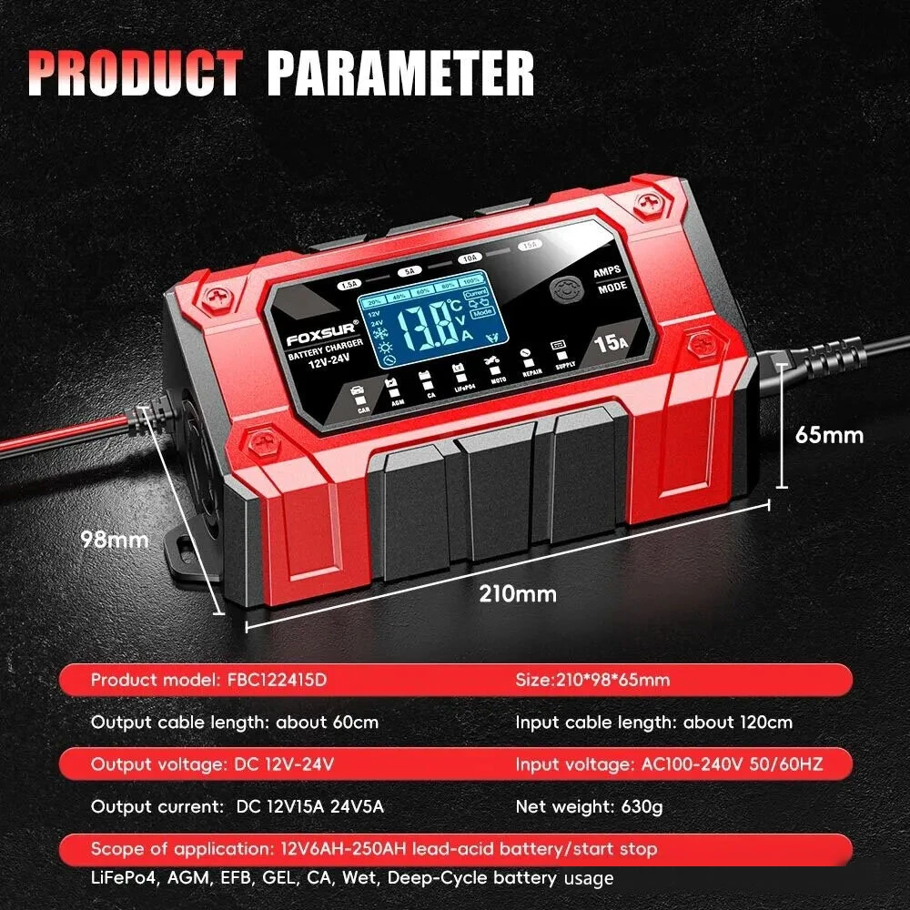 FOXSUR Battery Charger 12V 24V 15A Smart Car Motorcycle Battery Charger For Lead Acid LiFePO4 AGM GEL EFB Wet Deep-Cycle Batteries — view 6