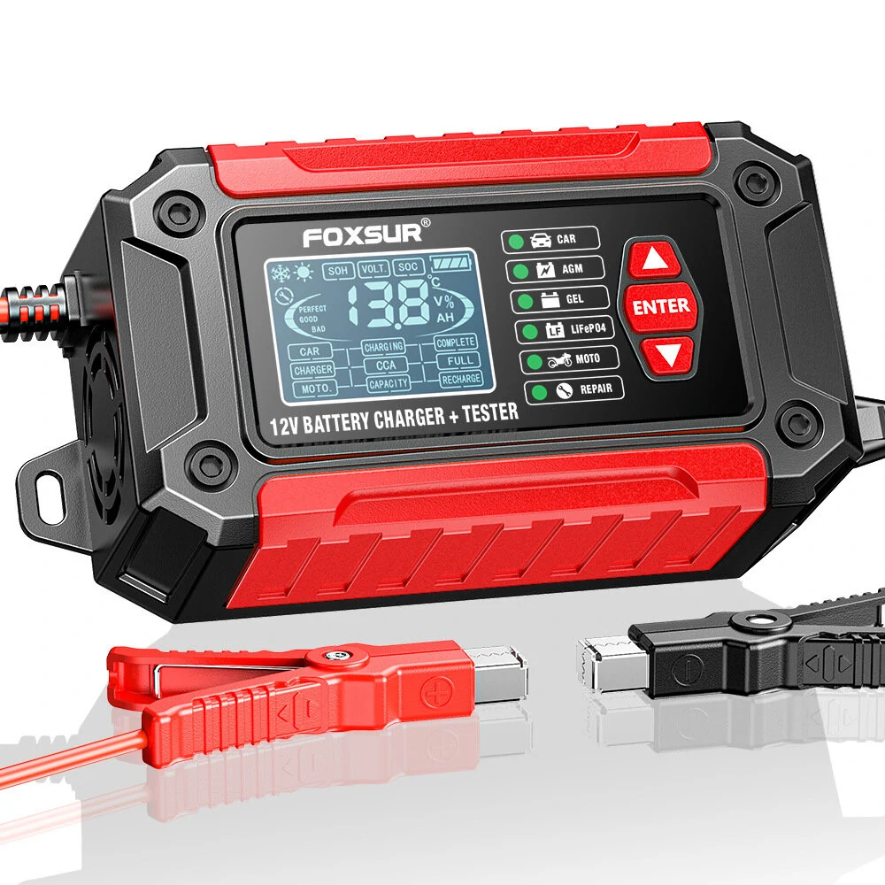 FOXUR FTC-1206 Car Battery Charger Tester with Comprehensive Health Check Precise Test Range 4AH-200AH Pulse Repair Function User-Friendly LCD Screen Safe AC to DC Charging Protection — FOXSUR