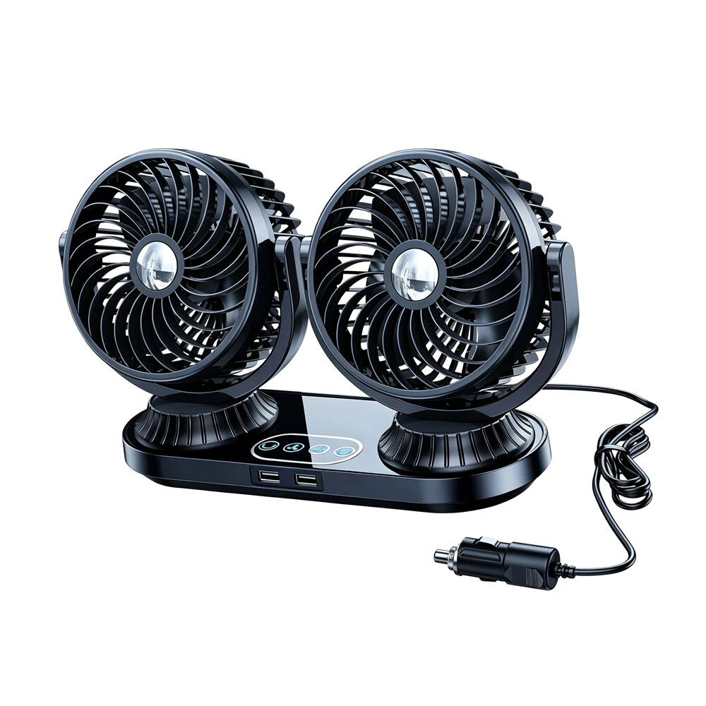 Fusika 12V 24V Dual Head Car Fan Dual USB Ports Brushless Motor 3 Speed Adjustment Auto Oscillation Universal Vehicle Cooling Fan — view 10