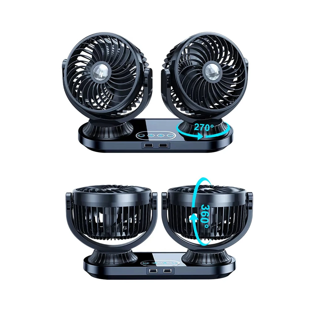 Fusika 12V 24V Dual Head Car Fan Dual USB Ports Brushless Motor 3 Speed Adjustment Auto Oscillation Universal Vehicle Cooling Fan — view 2