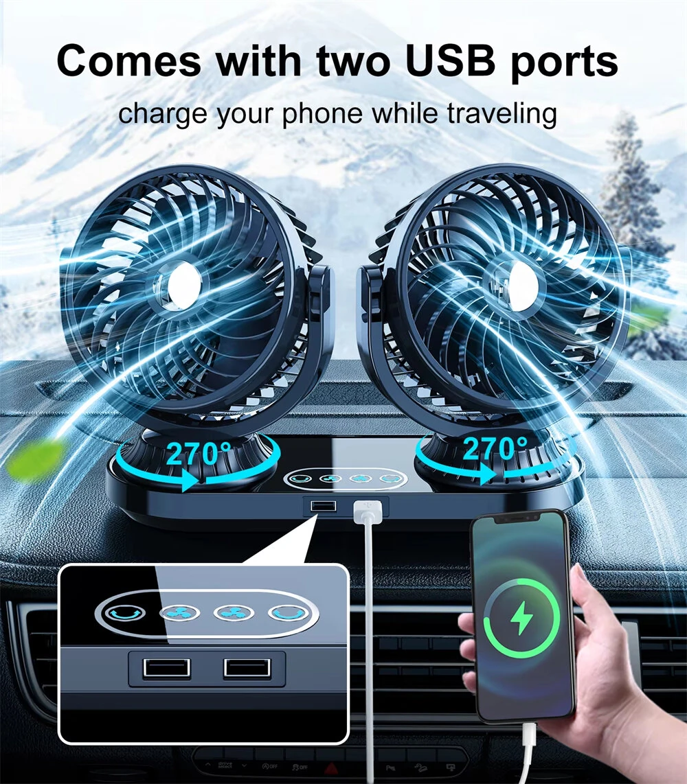 Fusika 12V 24V Dual Head Car Fan Dual USB Ports Brushless Motor 3 Speed Adjustment Auto Oscillation Universal Vehicle Cooling Fan — view 3