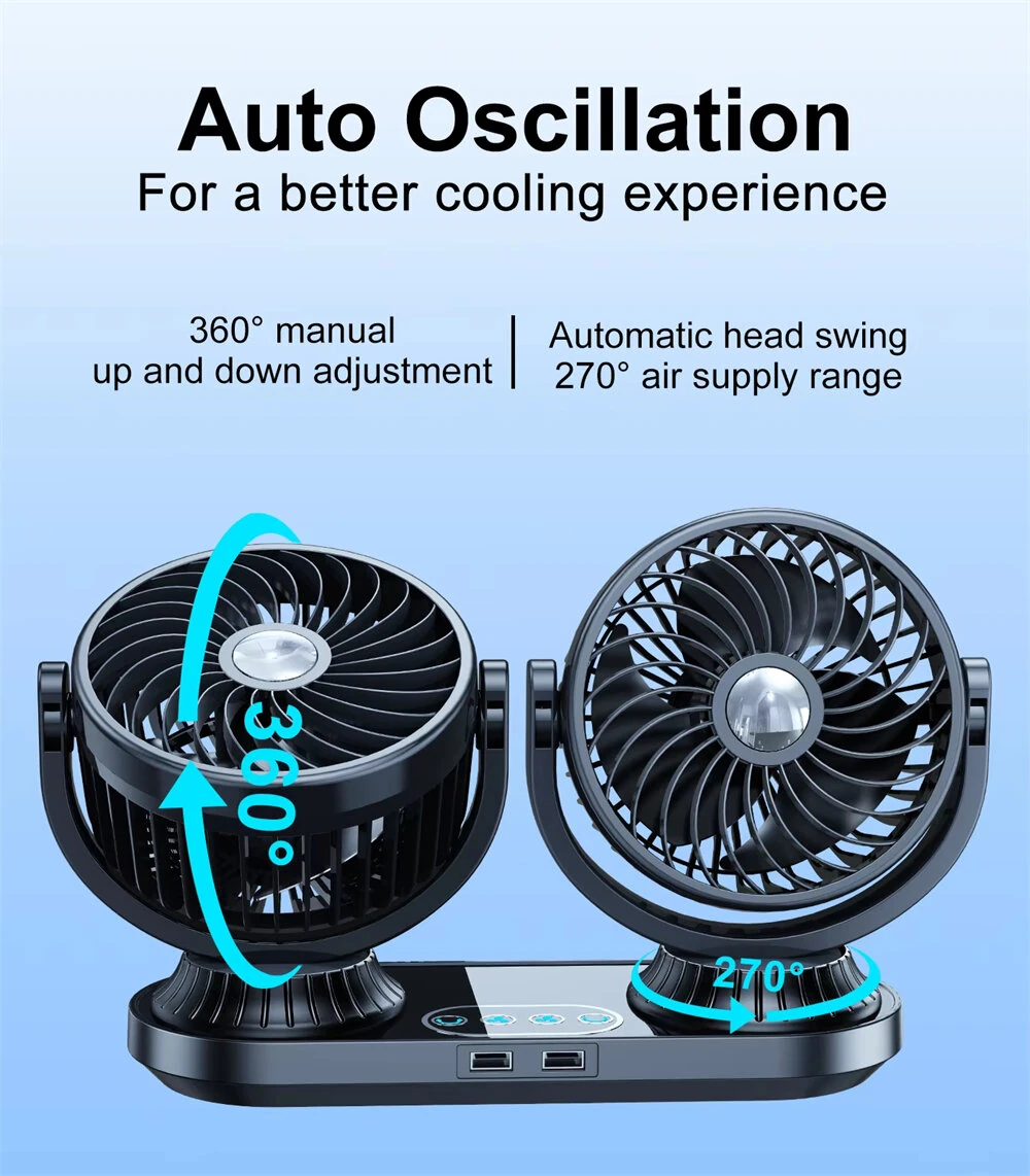 Fusika 12V 24V Dual Head Car Fan Dual USB Ports Brushless Motor 3 Speed Adjustment Auto Oscillation Universal Vehicle Cooling Fan — view 4