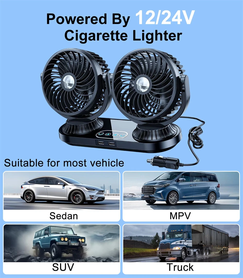 Fusika 12V 24V Dual Head Car Fan Dual USB Ports Brushless Motor 3 Speed Adjustment Auto Oscillation Universal Vehicle Cooling Fan — view 5