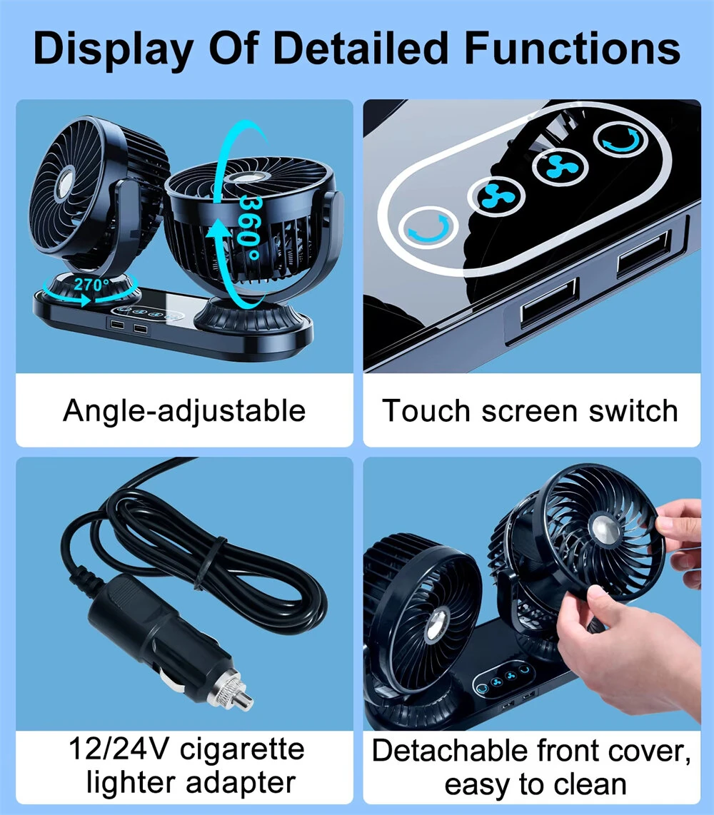 Fusika 12V 24V Dual Head Car Fan Dual USB Ports Brushless Motor 3 Speed Adjustment Auto Oscillation Universal Vehicle Cooling Fan — view 6