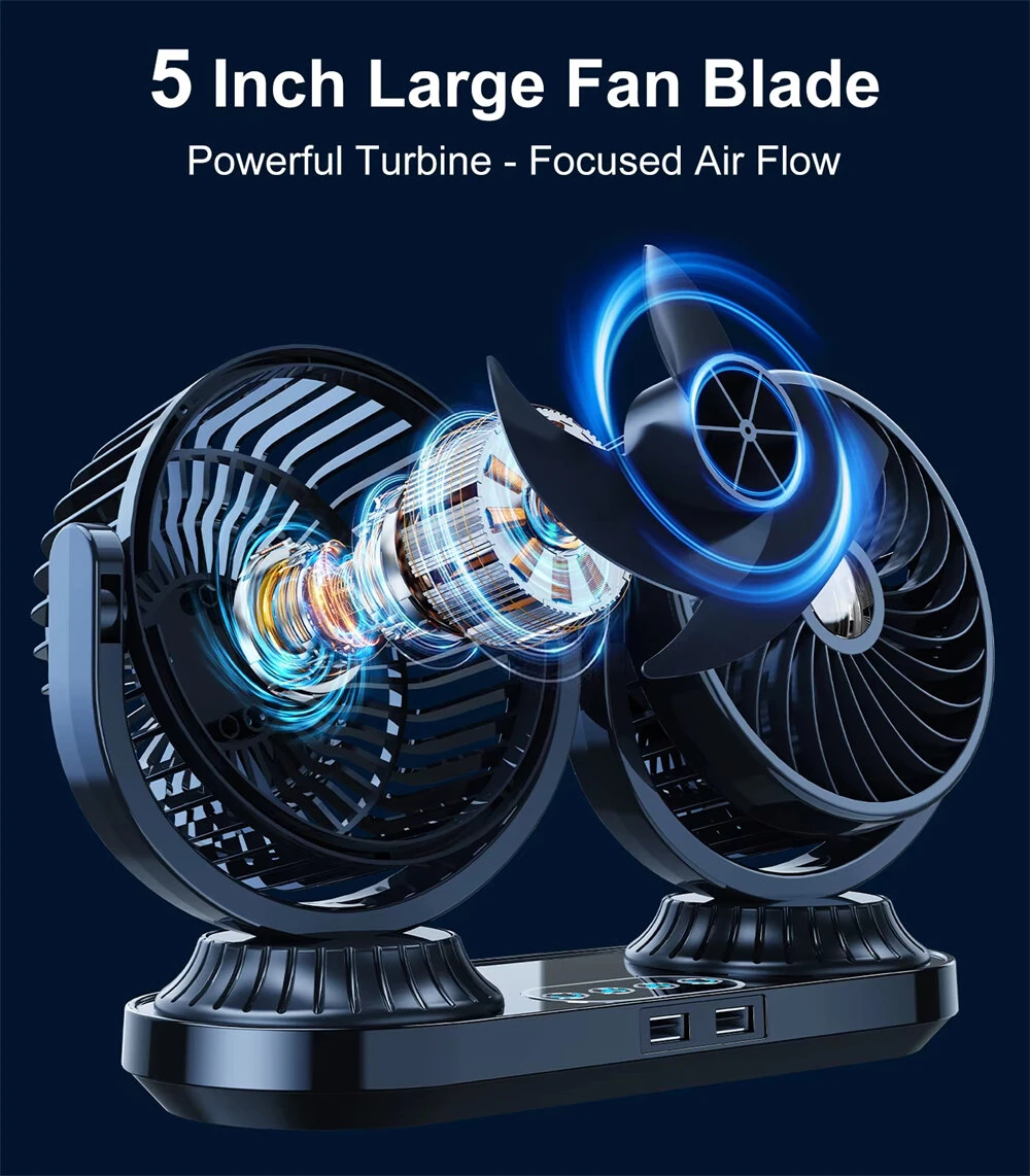 Fusika 12V 24V Dual Head Car Fan Dual USB Ports Brushless Motor 3 Speed Adjustment Auto Oscillation Universal Vehicle Cooling Fan — view 7