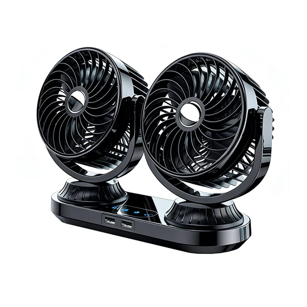 Fusika 12V 24V Dual Head Car Fan Dual USB Ports Brushless Motor 3 Speed Adjustment Auto Oscillation Universal Vehicle Cooling Fan — view 8