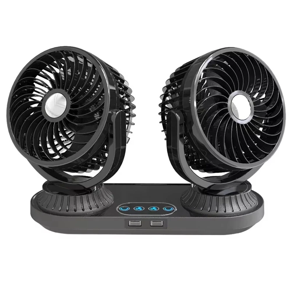 Fusika 12V 24V Dual Head Car Fan Dual USB Ports Brushless Motor 3 Speed Adjustment Auto Oscillation Universal Vehicle Cooling Fan — view 9