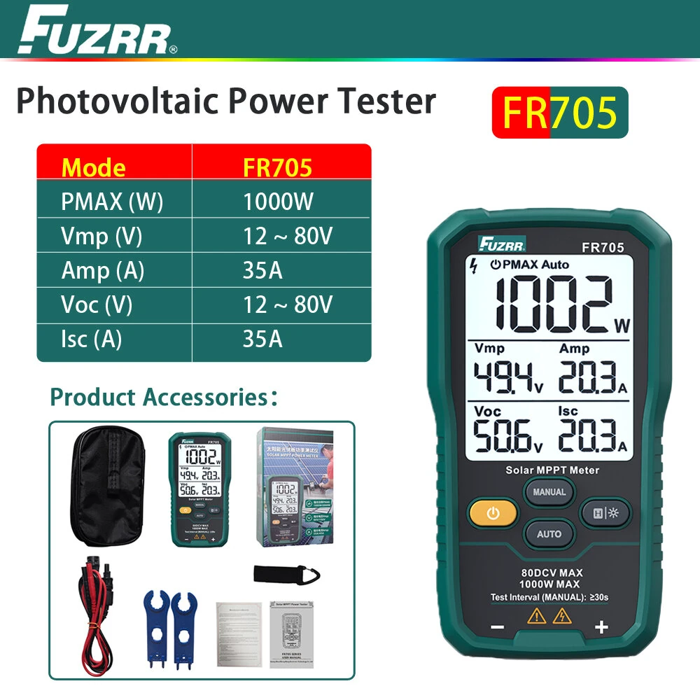 FUZRR FR705 FR705E Photovoltaic Solar Power Tester MPPT Power Meter 1000W 2000W Auto Range Digital Display Photovoltaic Analyzer Solar System Maintenance — view 2