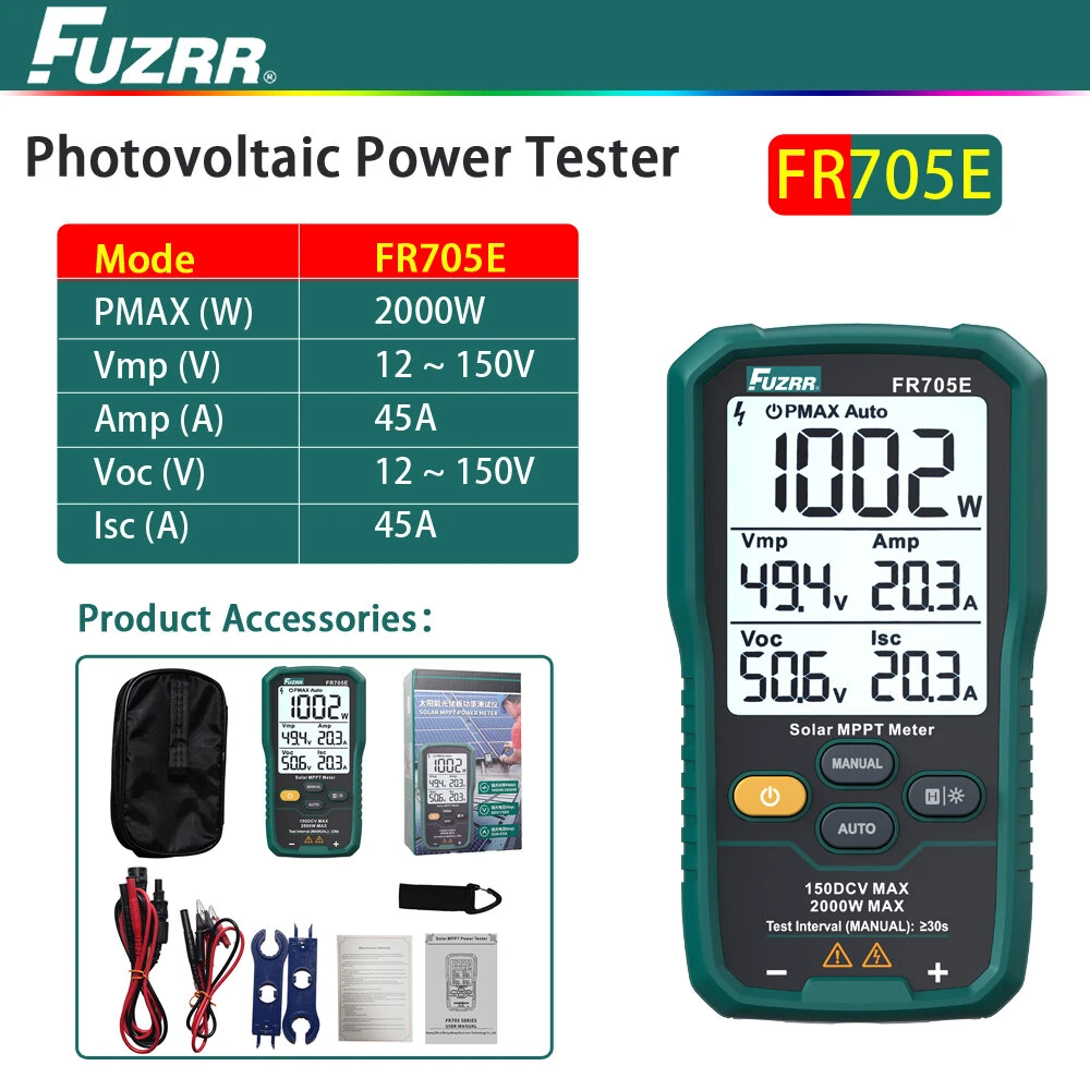 FUZRR FR705 FR705E Photovoltaic Solar Power Tester MPPT Power Meter 1000W 2000W Auto Range Digital Display Photovoltaic Analyzer Solar System Maintenance — view 3