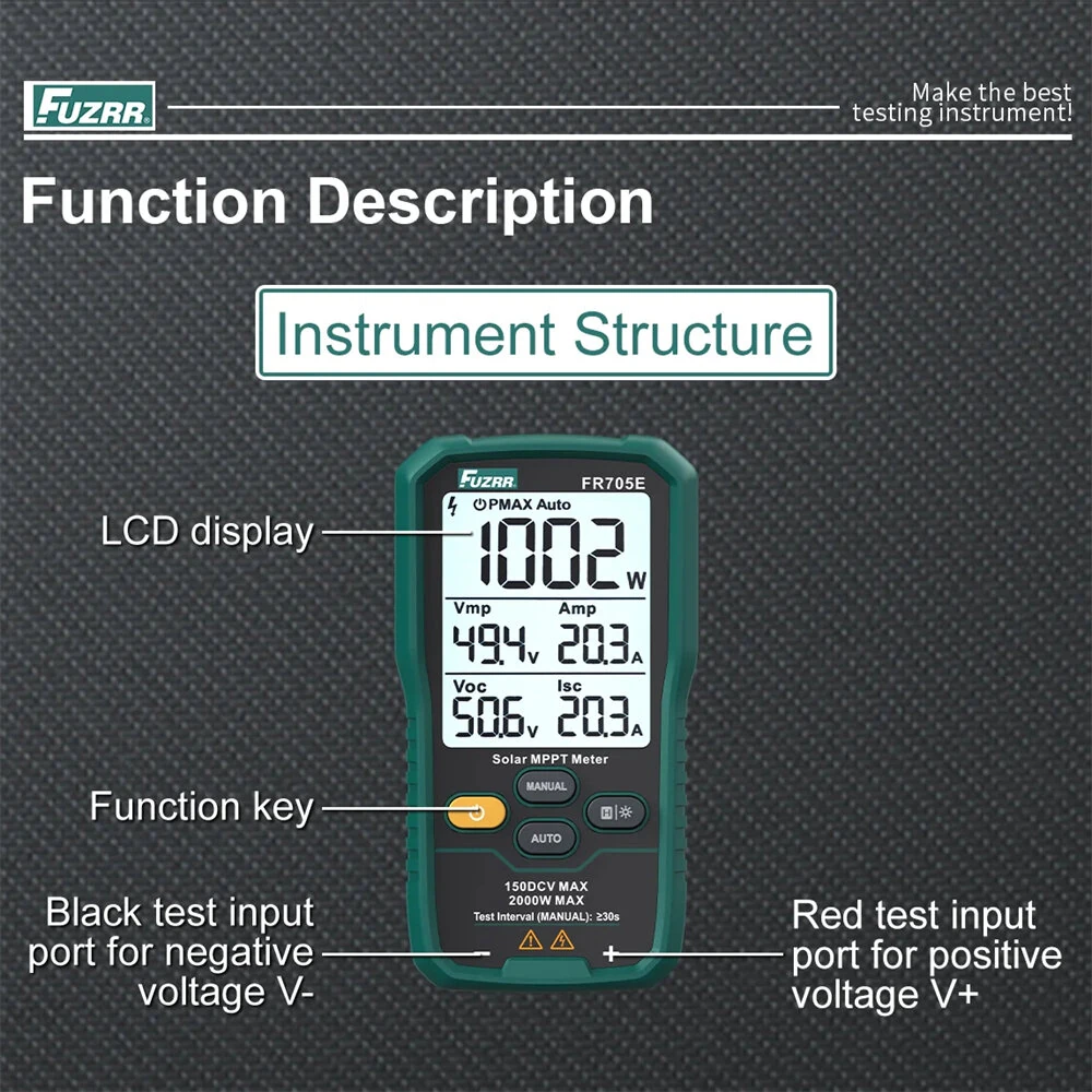 FUZRR FR705 FR705E Photovoltaic Solar Power Tester MPPT Power Meter 1000W 2000W Auto Range Digital Display Photovoltaic Analyzer Solar System Maintenance — view 4