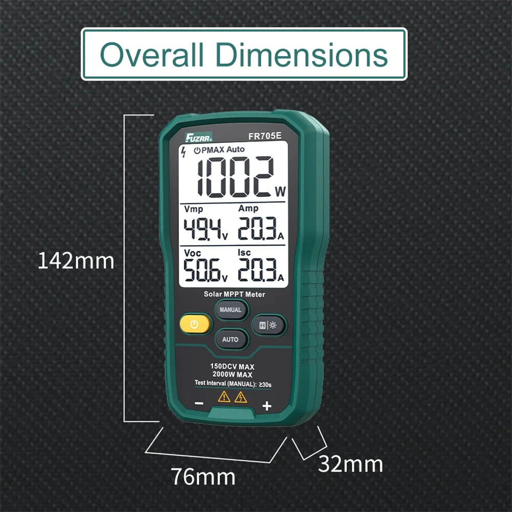 FUZRR FR705 FR705E Photovoltaic Solar Power Tester MPPT Power Meter 1000W 2000W Auto Range Digital Display Photovoltaic Analyzer Solar System Maintenance — view 5