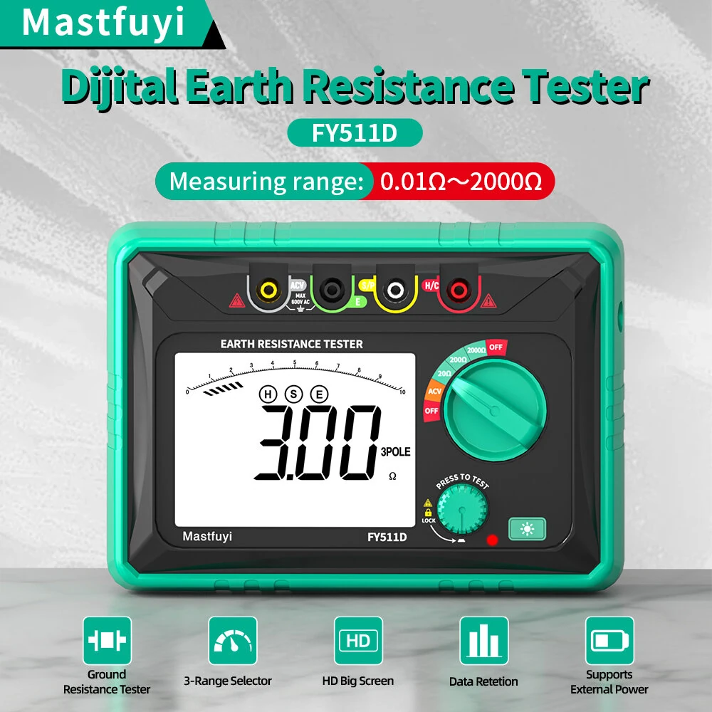 FY511D Earth Resistance Tester 0~2kΩ Range 600V Voltage Measurement High Accuracy LCD Backlit Screen Grounding Rods Portable Electric Testing Equipment — view 2